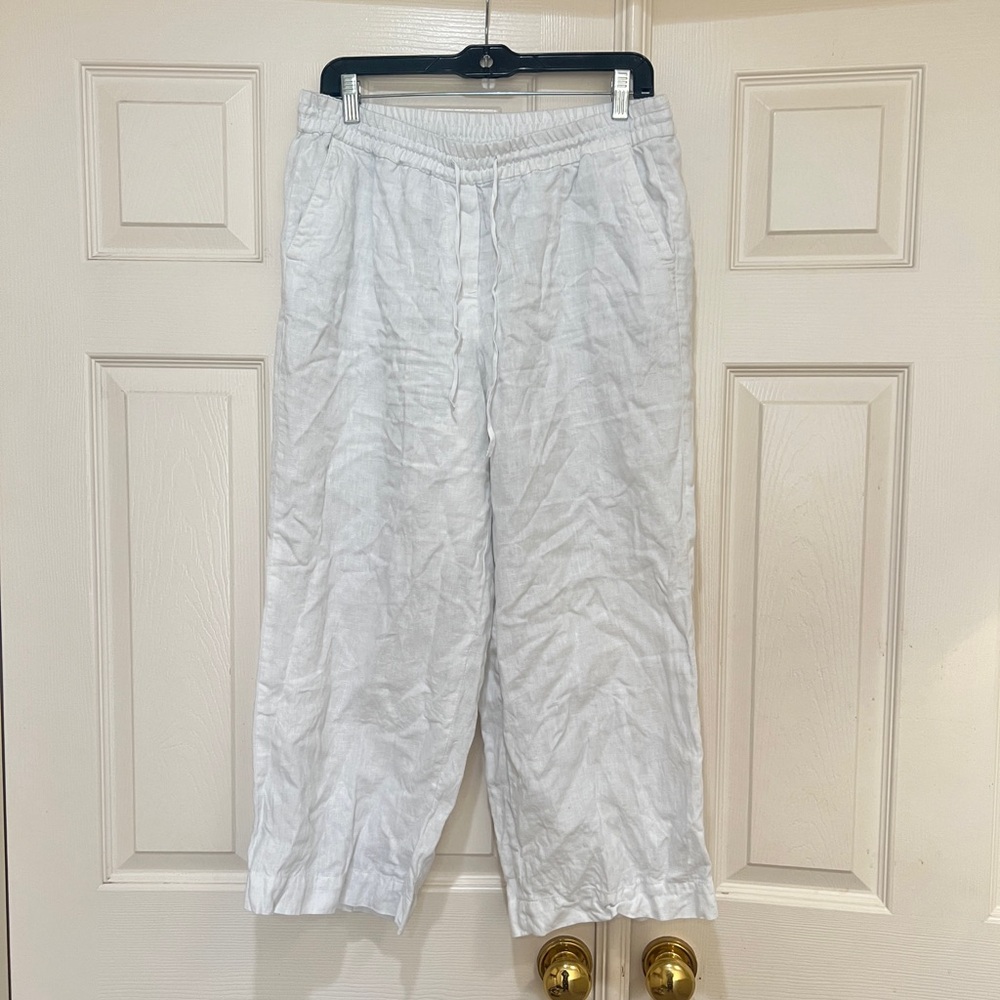 Talbots White Linen Elastic Drawstring Waist Crop Pants Lagenlook Beach Summer S